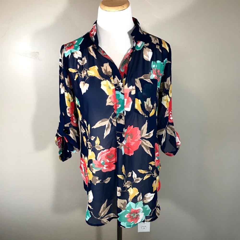 Depri Sheer Floral Roll Tab Blouse Small S